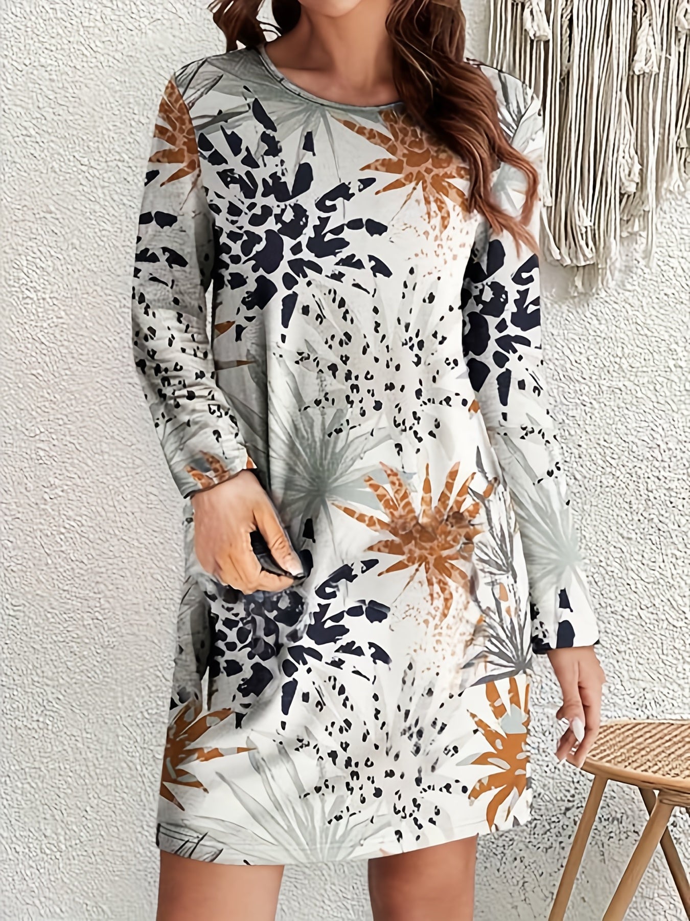 Floral Print Long Sleeve Round Neck High Stretch Dress