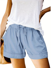 Solid Elastic Waist Shorts Casual Drawstring Comfy Summer Shorts With Pockets