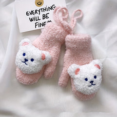 Kids Bear Gloves Neck Hanging Mittens Winter Double layer Knitted Warm