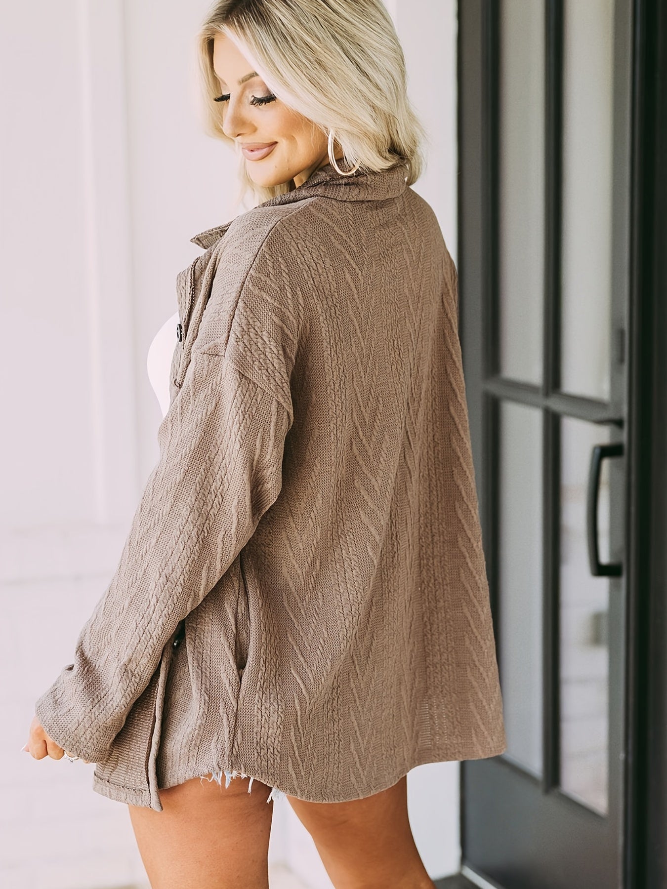 Women's Solid Button Down Knit Top Casual Textured Jacket