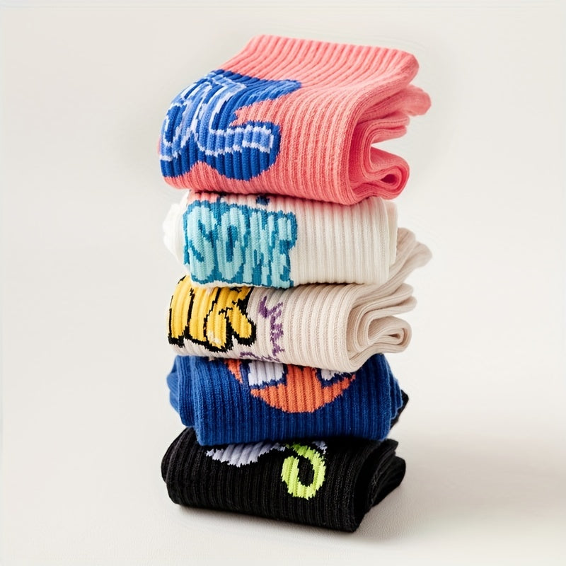 5 Pairs Letter Print Socks Breathable Sports Socks Women's Stockings