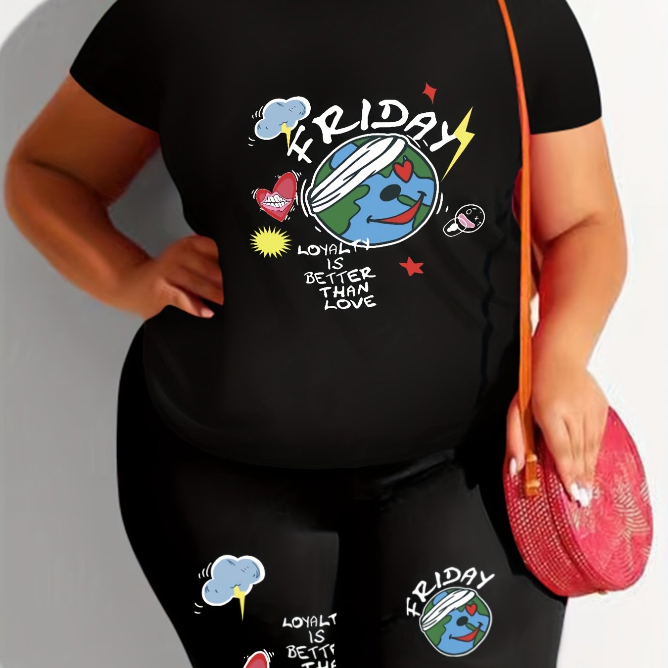 Women's Plus Letter & Graphic Print V Neck Top & Shorts Outfits 2 Piece Set