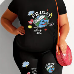 Women's Plus Letter & Graphic Print V Neck Top & Shorts Outfits 2 Piece Set