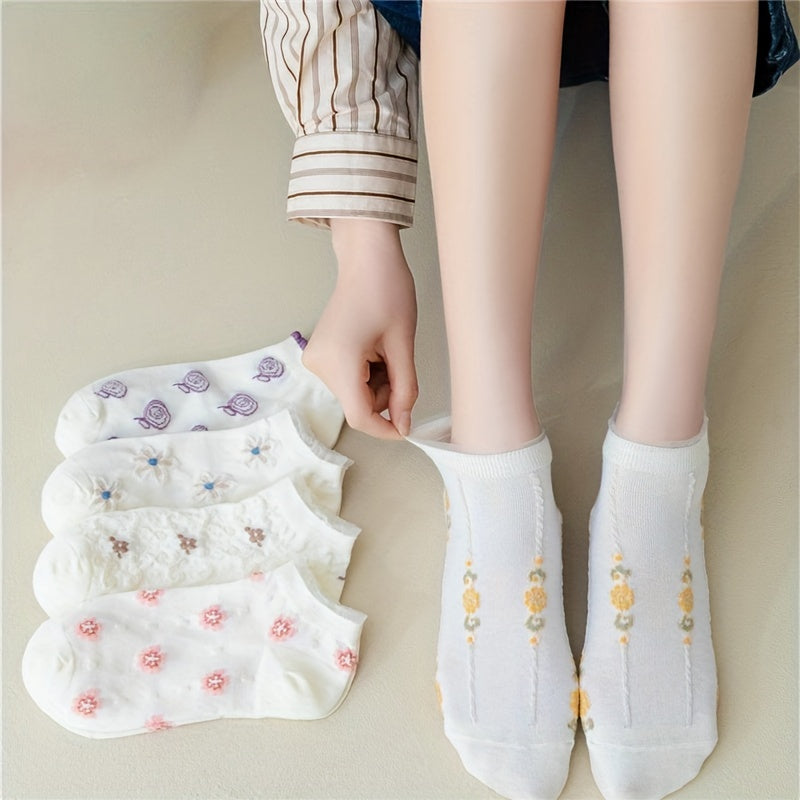 5 Pairs Floral Print Low Cut Ankle Socks Women's Stockings