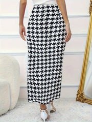 Houndstooth Print High Rise Stretch Side Split Maxi Midi Skirt