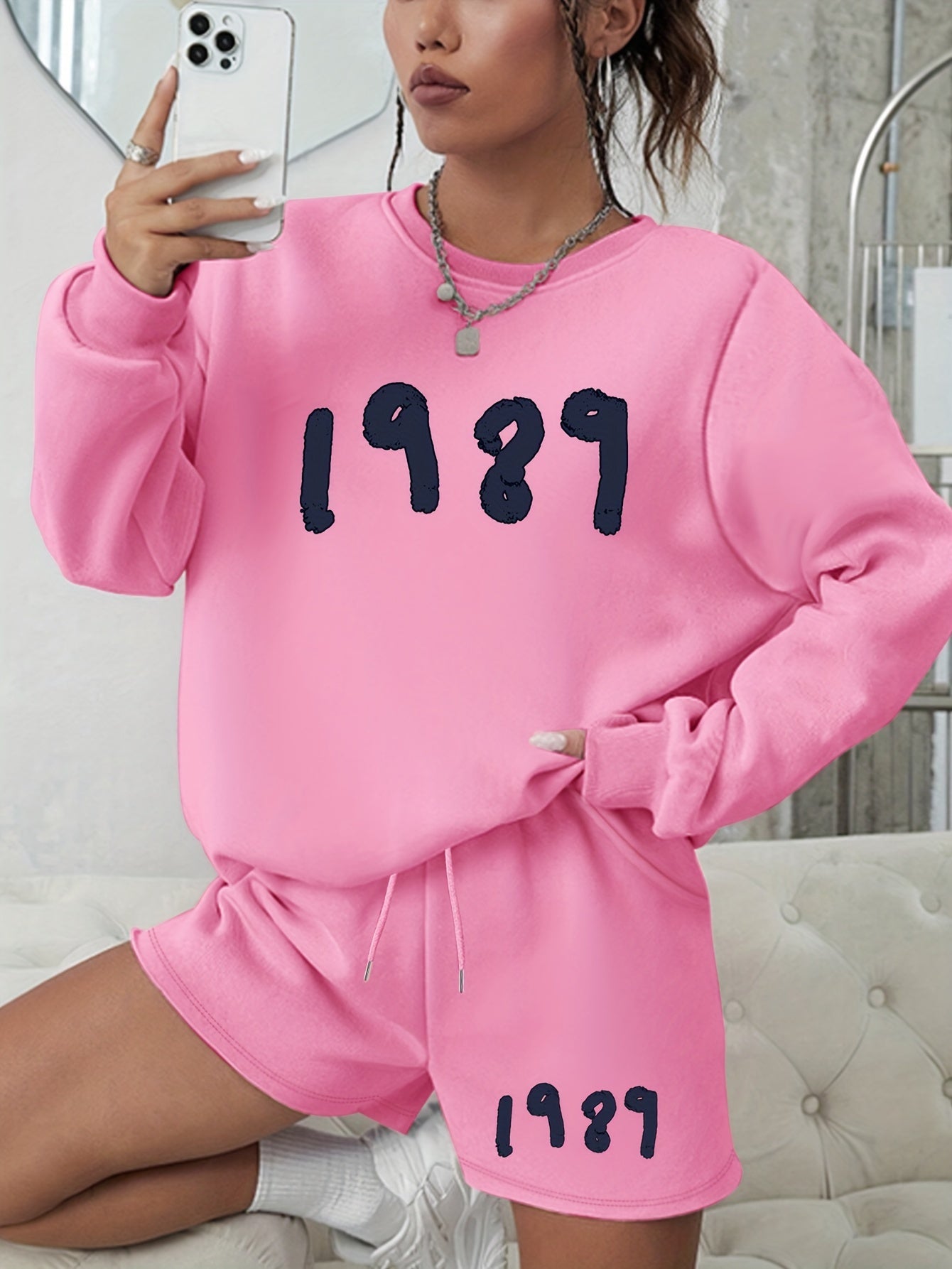 Women's Number Print 2-Piece Set Long Sleeve Sweatshirt & Shorts