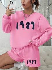 Women's Number Print 2-Piece Set Long Sleeve Sweatshirt & Shorts