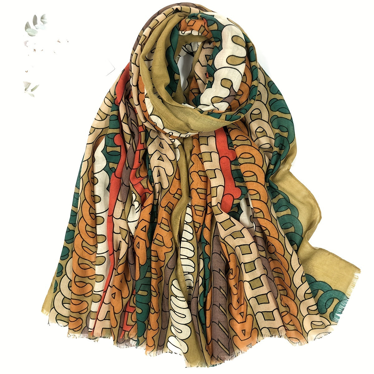 Striped Letter Print Scarf Vintage Frayed Edge Shawl Lightweight