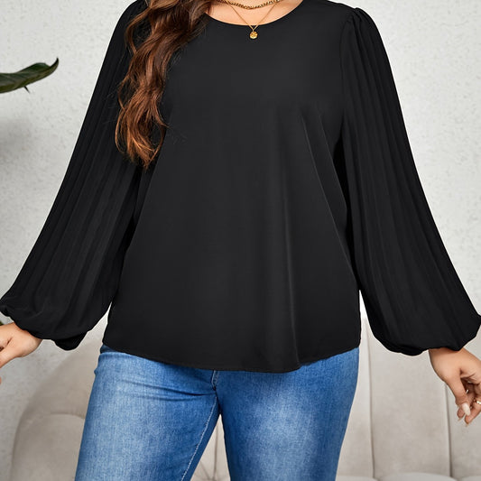 Solid Lantern Sleeve Round Neck Blouse
