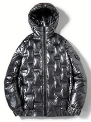Men's Lightweight Hooded PU Puffer Jacket for Winter