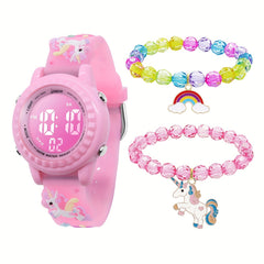 3pcs Unicorn Watch Bracelet For Girls Waterproof Alarm Clock Calendar Watch