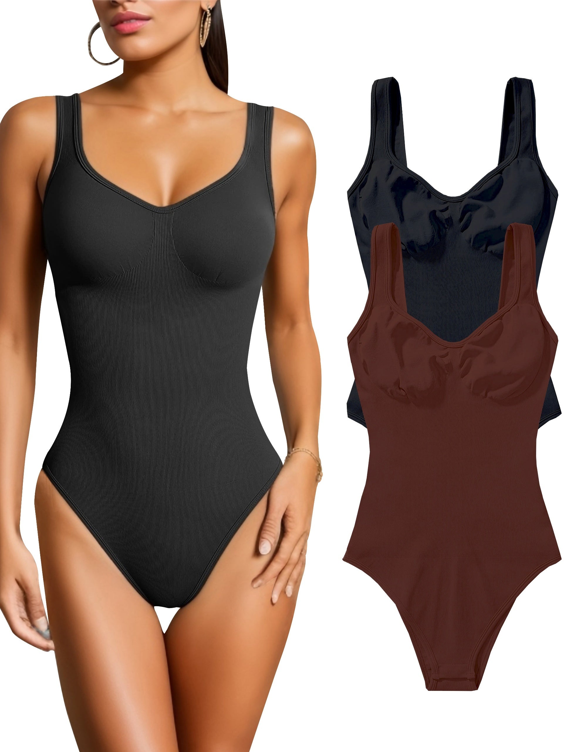2pcs Ribbed Sleeveless Yoga Bodysuit Solid Tank Top Jumpsuit