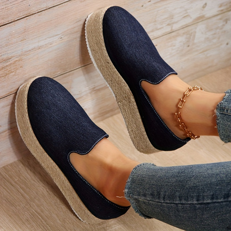 Women's Denim Platform Slip On Espadrille Shoes