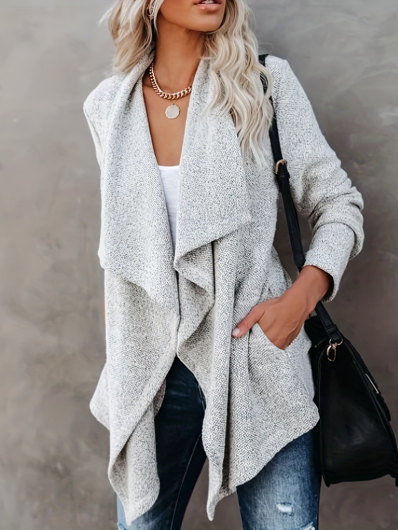 Casual Cardigan Women's Plus Solid Long Sleeve Waterfall Collar