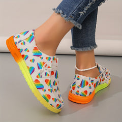 Women's Rainbow Heart Print Canvas Shoes Casual Lace Up Outdoor Shoes