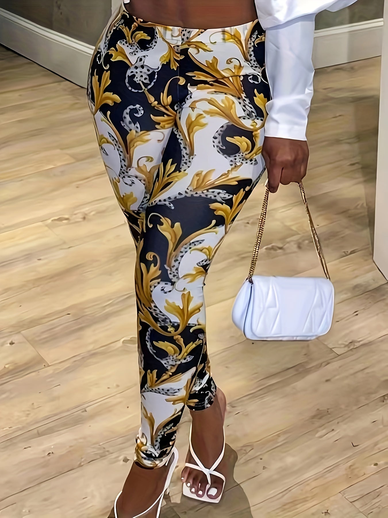 Baroque Print Skinny Leggings for Women, Stretchy Boho Pants