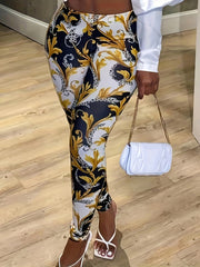Baroque Print Skinny Leggings for Women, Stretchy Boho Pants