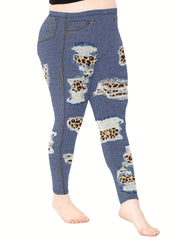 Denim & Leopard Print High Rise Fitness Leggings