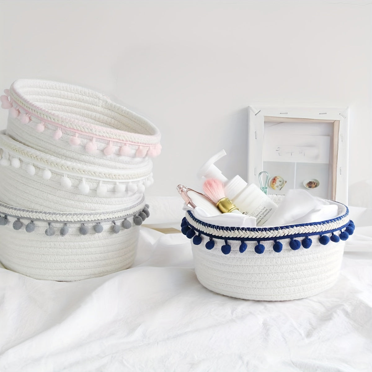 Cotton Rope Storage Basket Ethnic Tassel Storage Frame