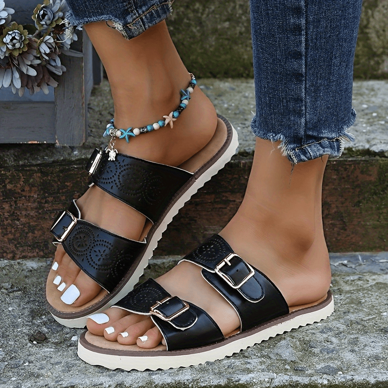 Women's Double Buckle Strap Slides Open Toe Hollow Out Flat Shoes