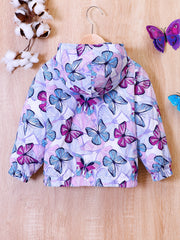 Butterfly Print Hooded Coat Girls Fleece Lined Zipper Closure Winter Warm Jacket