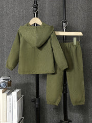 2pcs Boy Smiling Face Hooded Corduroy Pullover & Pants Set for Kids