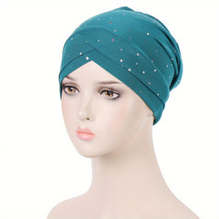 Forehead Cross Rhinestone Turban Cap Elastic Head Wrap Beanie