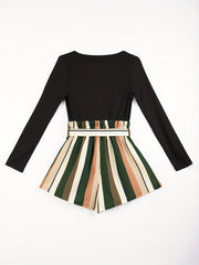Striped Print Splicing Romper Casual Long Sleeve Wide Leg Romper