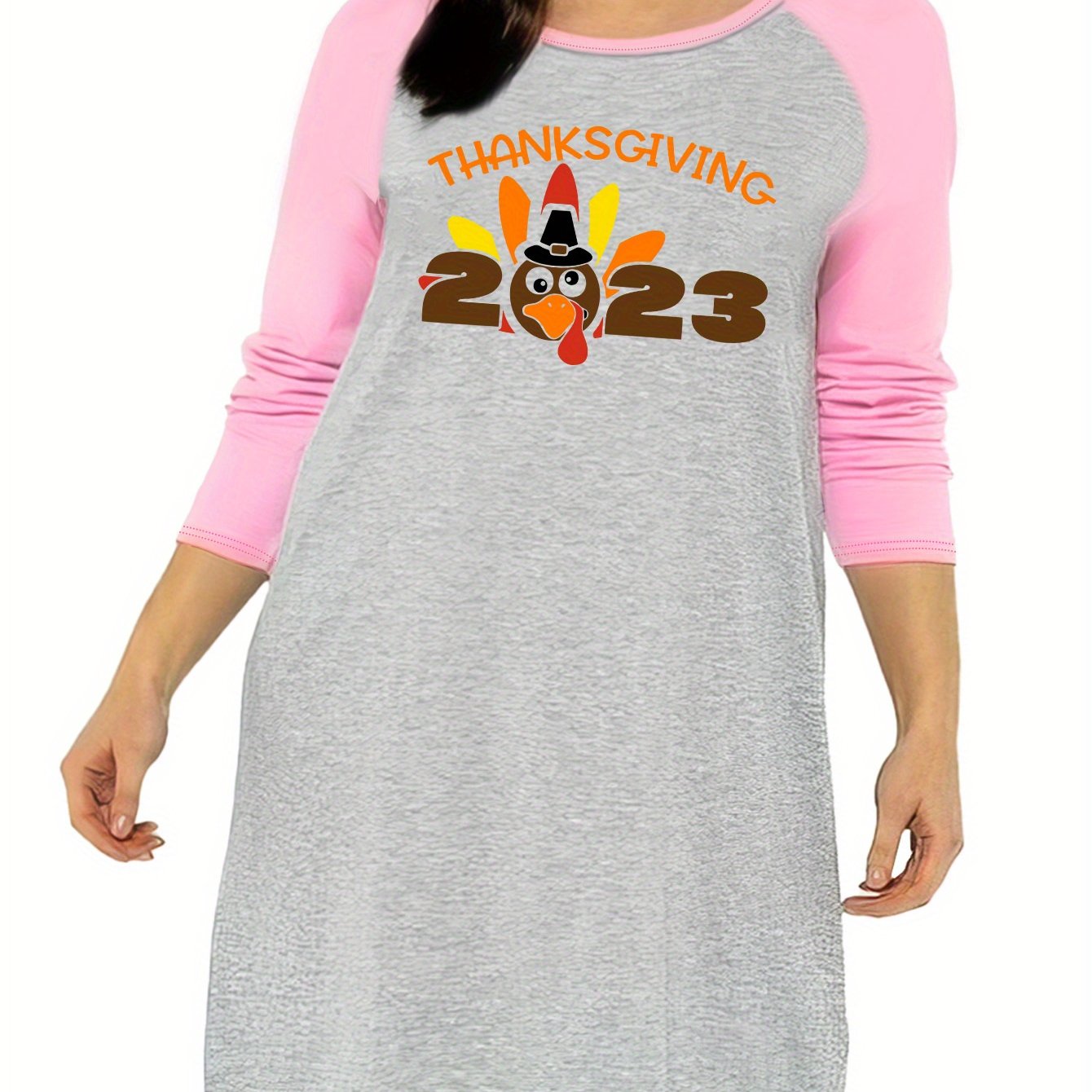 Casual Nightdress Women's Plus Turkey & Letter Print Raglan Sleeve