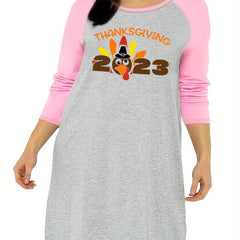 Casual Nightdress Women's Plus Turkey & Letter Print Raglan Sleeve