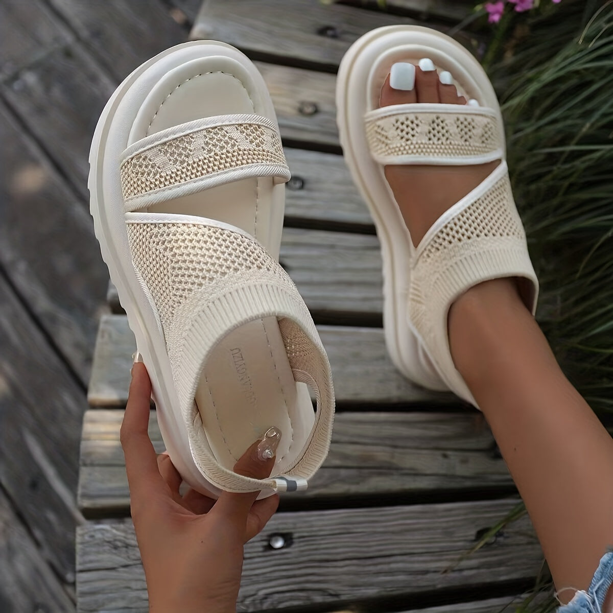 Women's Platform Knit Sandals Slingback Shoes Open Toe Slip On