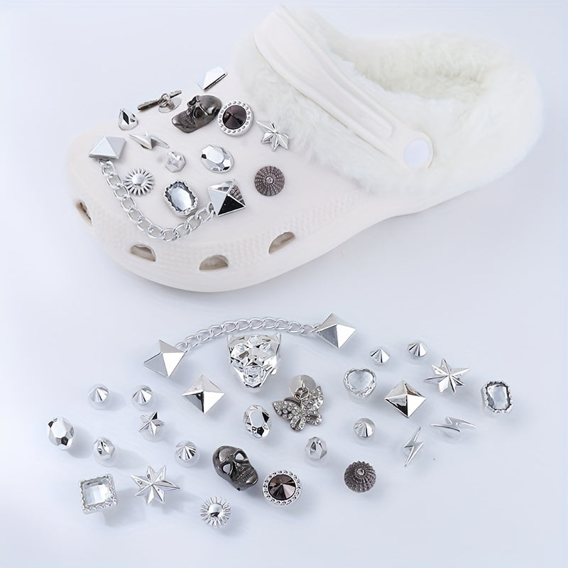 27pcs Punk Rhinestones & Skull Shoe Charms For Clogs Garden Shoes DIY