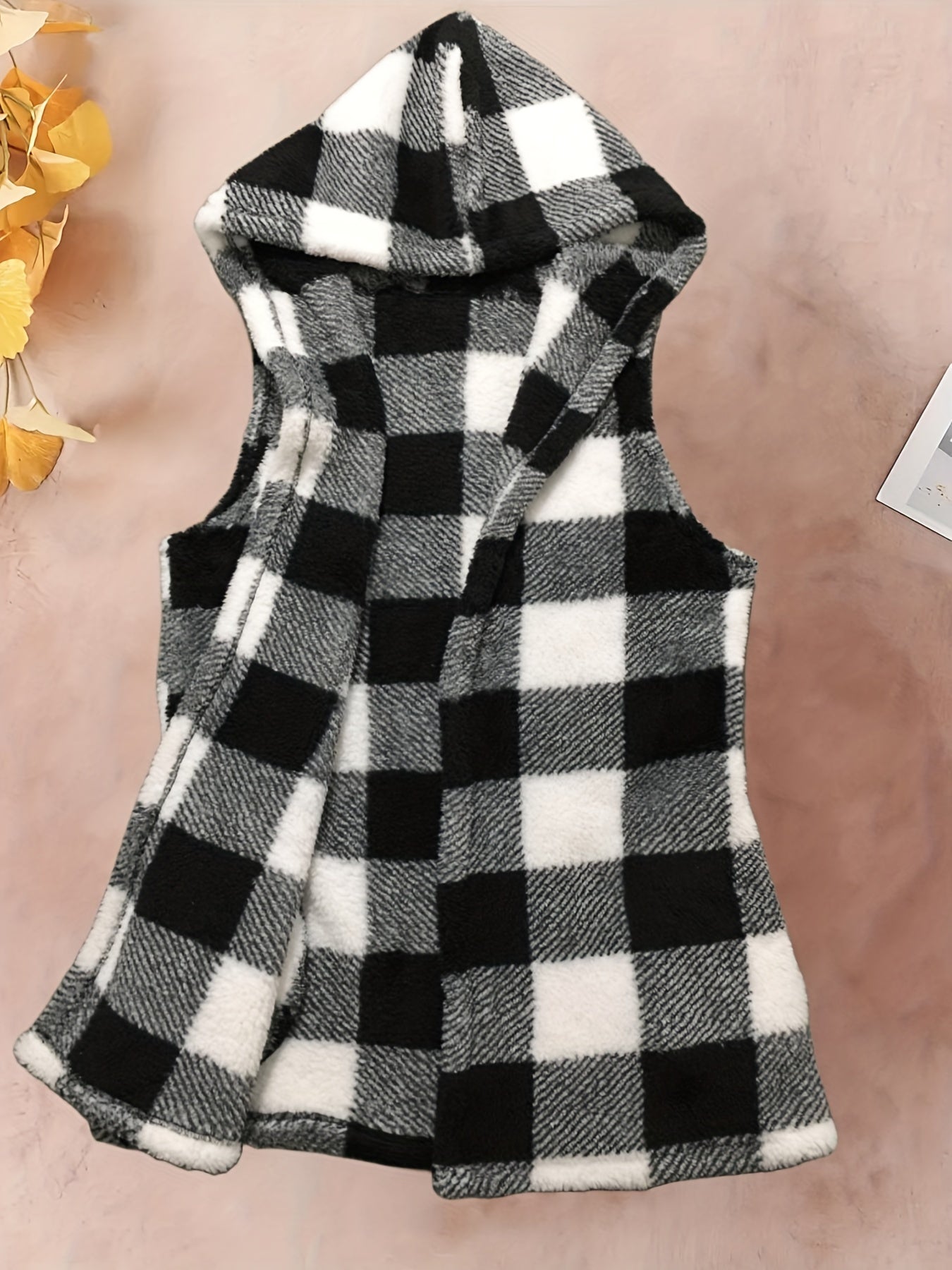 Plaid Print Hooded Vest Warm Teddy Vest