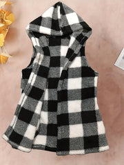 Plaid Print Hooded Vest Warm Teddy Vest