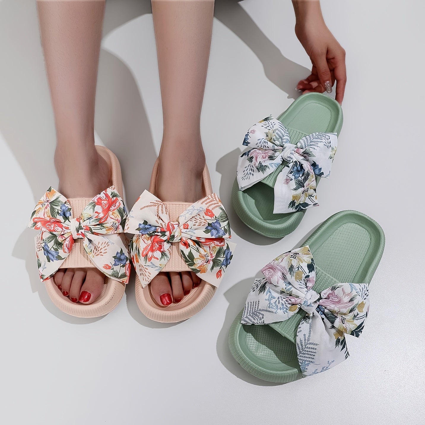 Floral Print Bowknot Slides Soft Sole Lightweight Summer Beach Shoes
