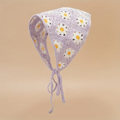 Daisy Flower Knitted Triangle Scarf Head Wrap Hollow Crochet Lace Up Turban Hat