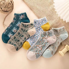 5 Pairs Vintage Floral Embroidery Ankle Socks Women's Short Socks