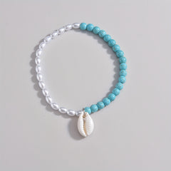 Shell Shape Pendant Beaded Anklet With Faux Pearls Beads