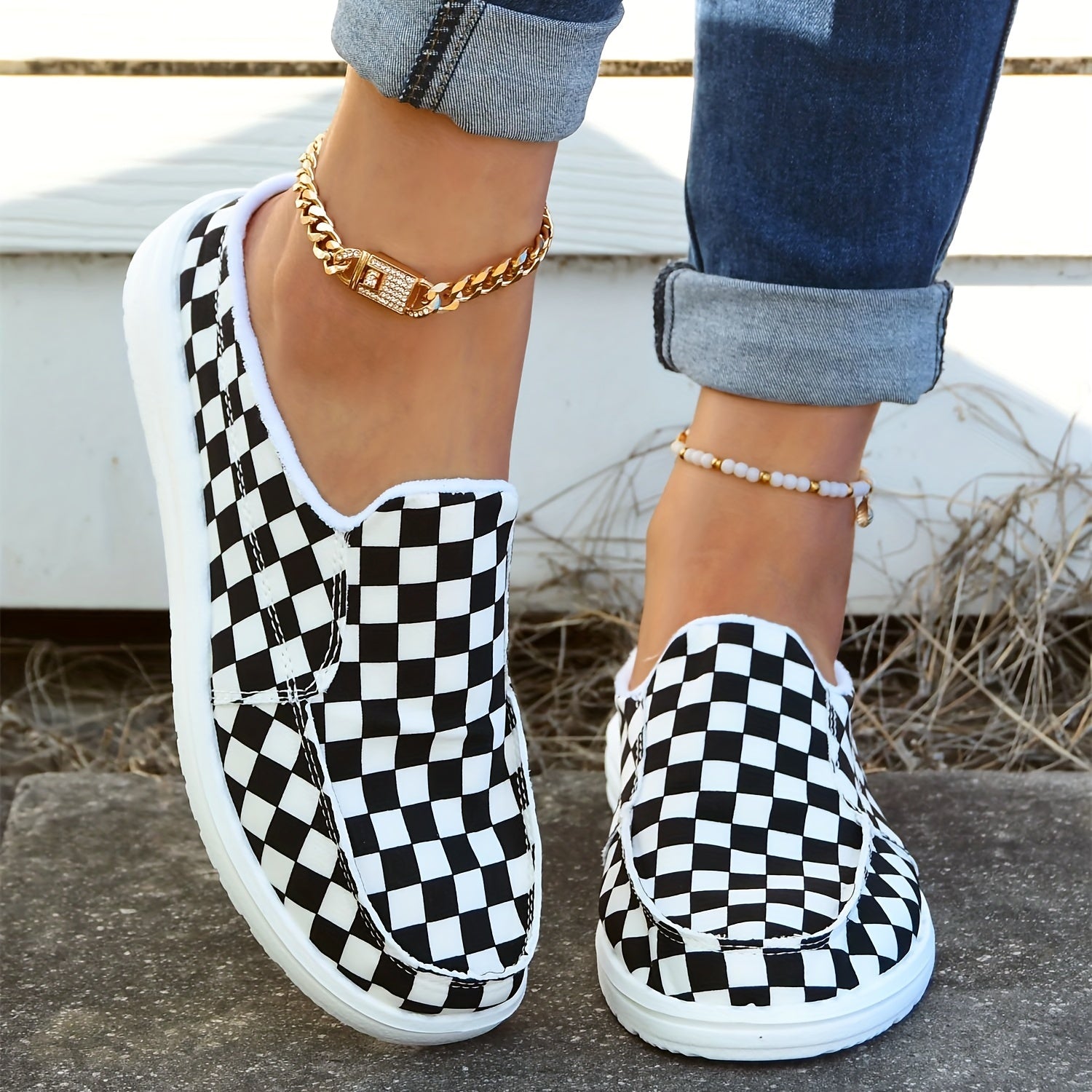 Women's Checkerboard Pattern Mules Slip On Platform Flat Shoes