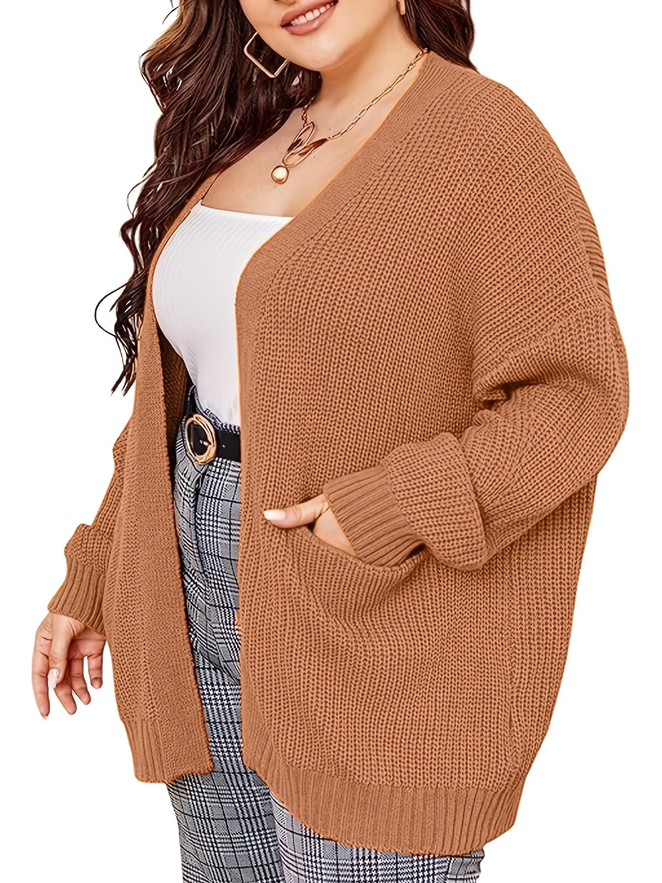 Solid Long Sleeve Open Front Cardigan With Pockets