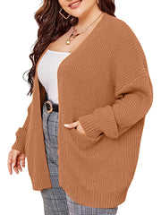 Solid Long Sleeve Open Front Cardigan With Pockets