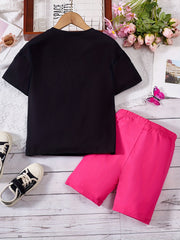Girls Flower & Letter GOOD VIBES T-Shirt & Shorts Set