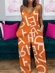 Casual Jumpsuit Women's Plus Letter Print V Neck Cami Jumpsuit