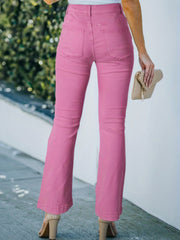 Ripped Flare Leg Jeans High Rise Button Fly Solid Stretch Denim Pants
