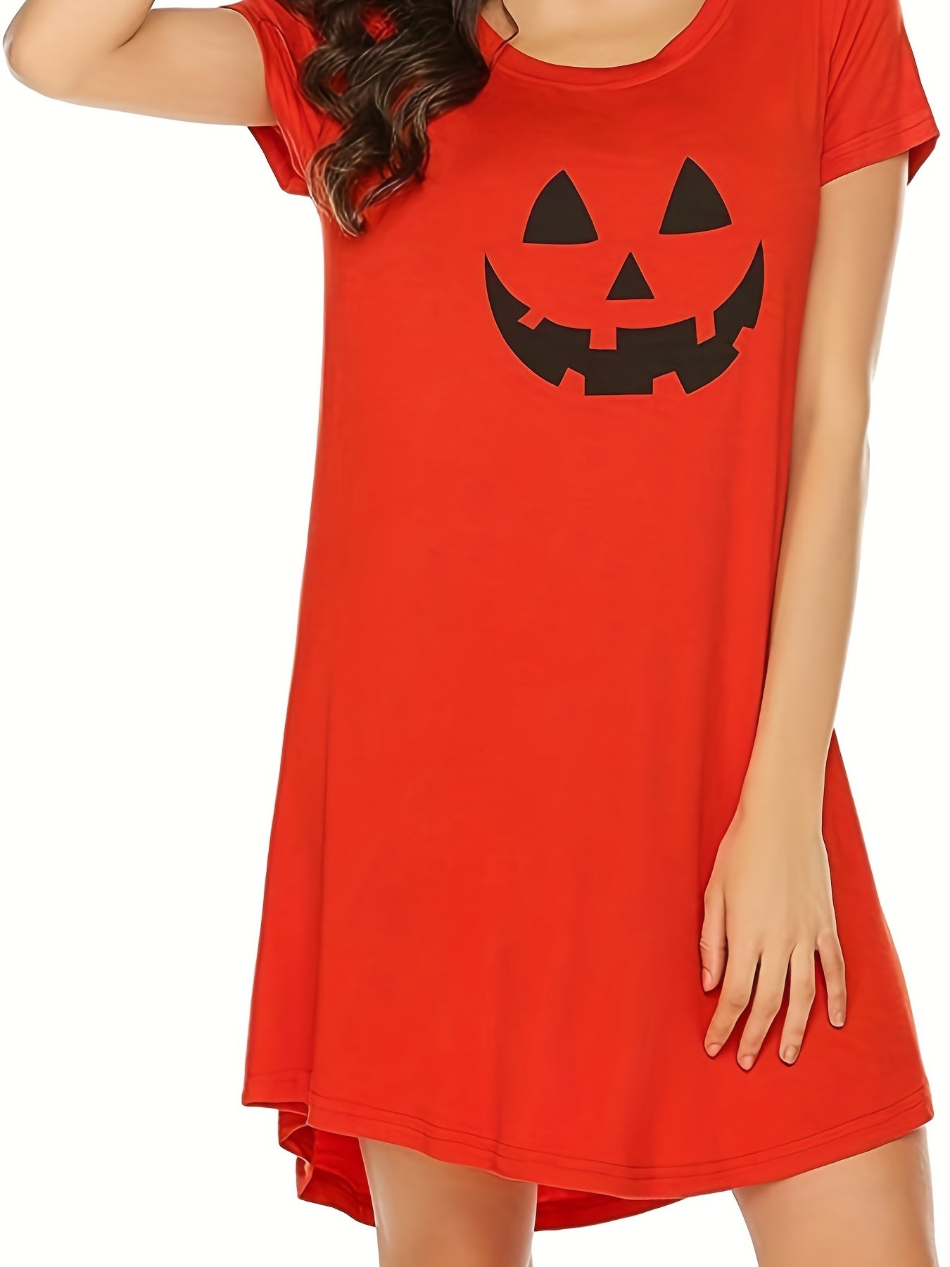 Pumpkin Print NightDress Halloween Short Sleeve Crew Neck Pajama Dress