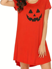 Pumpkin Print NightDress Halloween Short Sleeve Crew Neck Pajama Dress