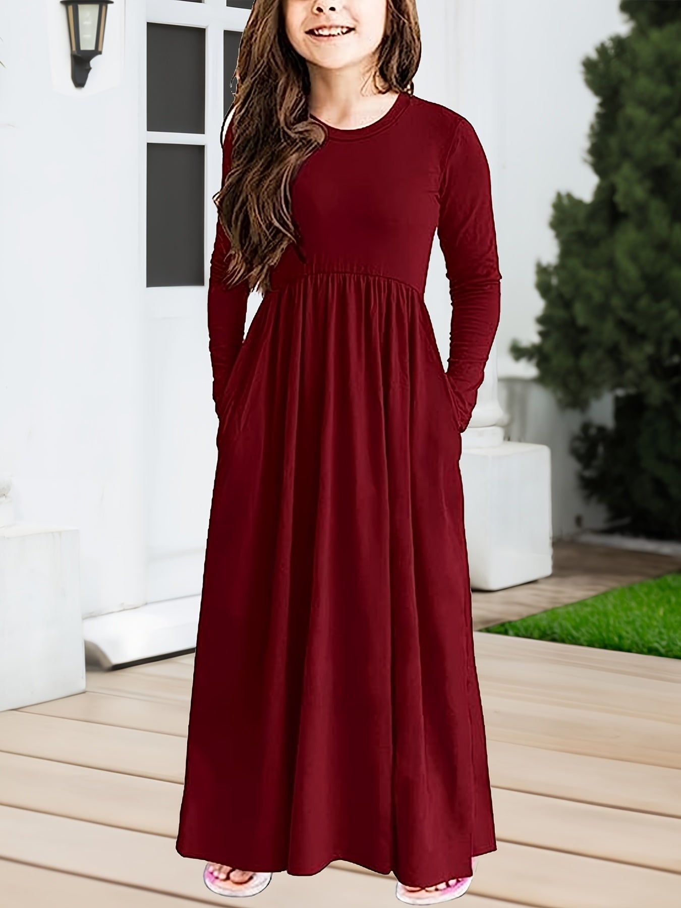 Long Sleeve Pockets Maxi Dress Girls Spring Fall Casual Dress