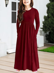 Long Sleeve Pockets Maxi Dress Girls Spring Fall Casual Dress
