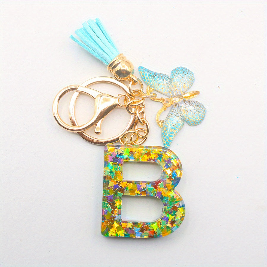 Resin Initial Letter Keychain with Butterfly Pendant and Tassel