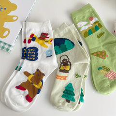 3 Pairs Cartoon Pattern Socks Comfy & Mid Tube Socks Women's Stockings & Hosiery